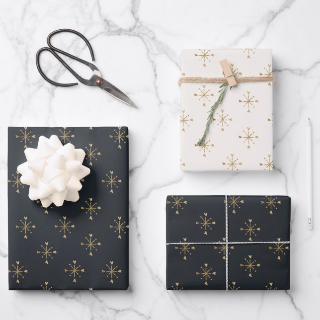 Charcoal, Ivory & Gold Snow Star Christmas  Wrapping Paper Sheets (Front)