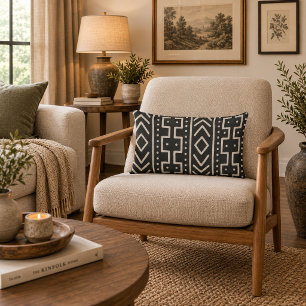 Charcoal Ivory Mudcloth Inspired   Modern Tribal Lumbar Pillow