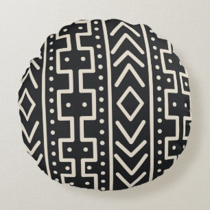 Charcoal Ivory Mudcloth Inspired Modern Tribal Round Pillow