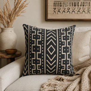 Charcoal Ivory Mudcloth Inspired   Modern Tribal Throw Pillow