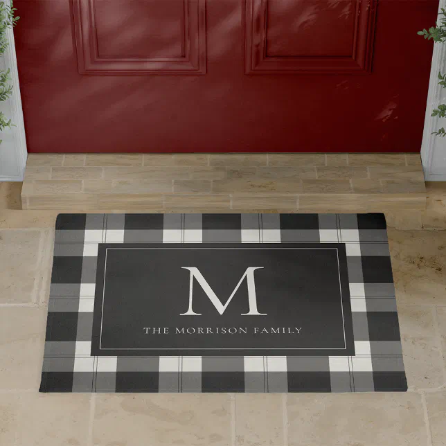 Charcoal & Ivory Plaid Monogram & Name Doormat
