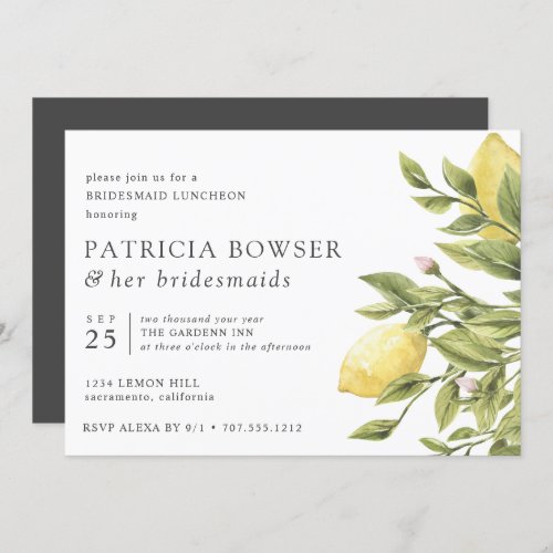 Charcoal  lemons and leaves Bridesmaid Luncheon Invitation