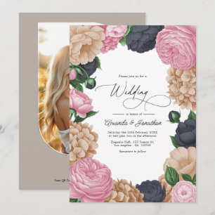 Charcoal, Light Taupe & Peony Pink Floral Wedding Invitation