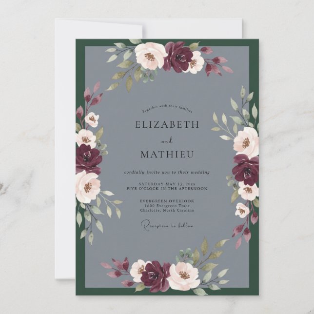 Charcoal Maroon Peony Wedding Invitation (Front)