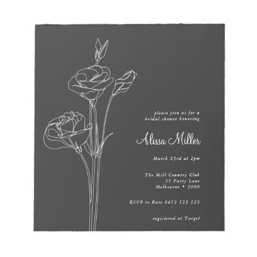Charcoal Minimalist Floral Bridal Shower Invite Notepad