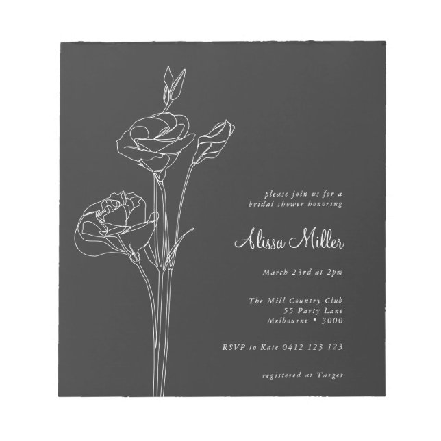 Charcoal Minimalist Floral Bridal Shower Invite Notepad (Front)