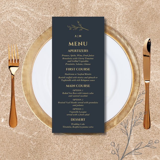 Charcoal Monogram Botanical Minimalist Wedding Menu (Creator Uploaded)