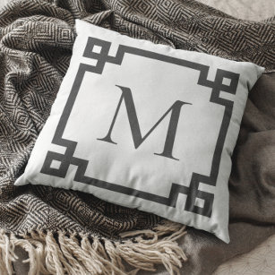 MFE Sky Blue and White Greek Key Script Monogram Throw Pillow, Zazzle