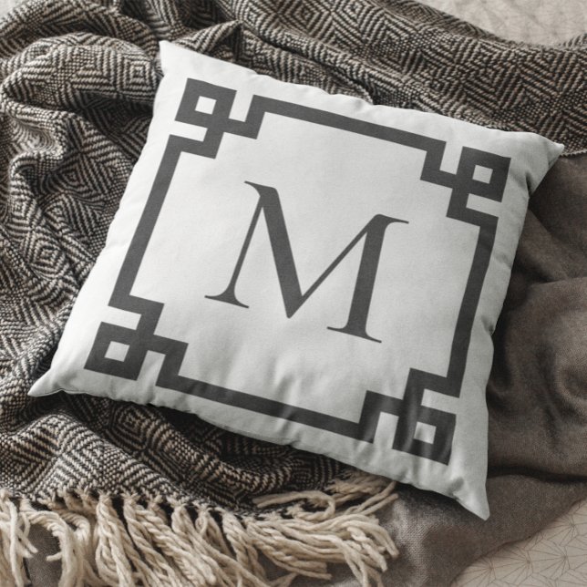 Charcoal Monogrammed Greek Key Border White Throw Pillow (You can customize all the colors to more closely match your home decor.)