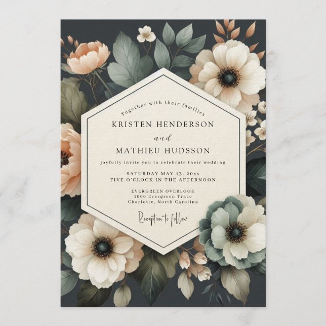 Charcoal Moody Bloom Wedding Invitation (Front)