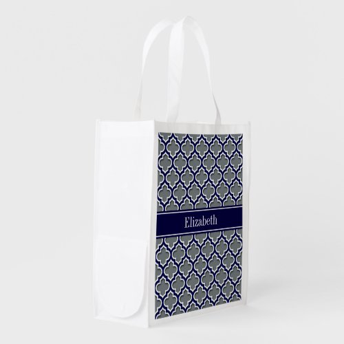 Charcoal Navy Wht Moroccan 5DS Navy Name Monogram Reusable Grocery Bag