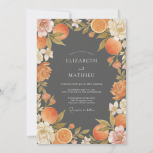 Charcoal Orange Citrus Eucalyptus Wedding Invitation