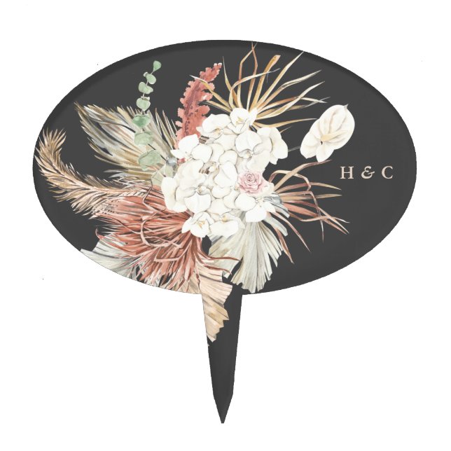 Charcoal Pampas Cream Grass Floral Cake Topper (Front)