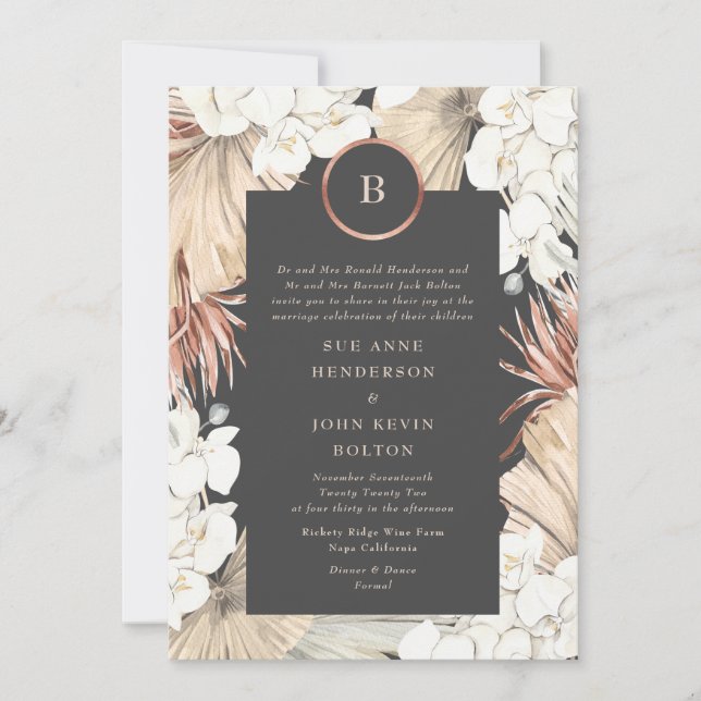 Charcoal Pampas Cream Rose Gold Foil Wedding Invitation (Front)