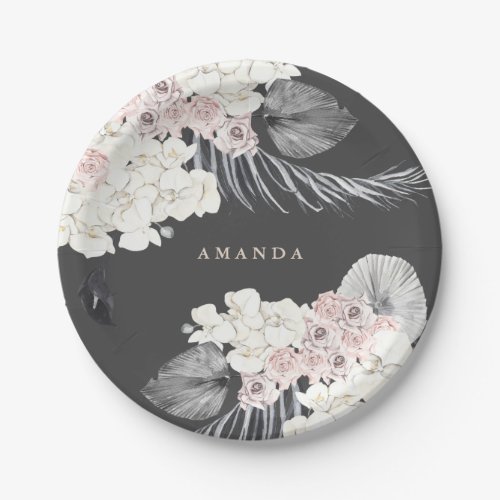 Charcoal Pampas Grass Floral Wedding Shower Party Paper Plates