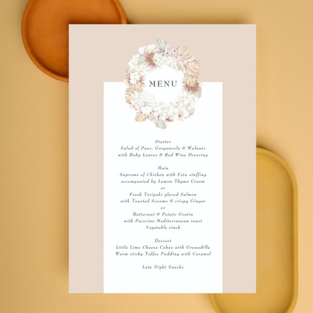 Charcoal Pampas Wreath Cream Boho Monogram Wedding Menu (Creator Uploaded)