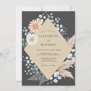 Charcoal Peach Daisy Eucalyptus Wedding Invitation