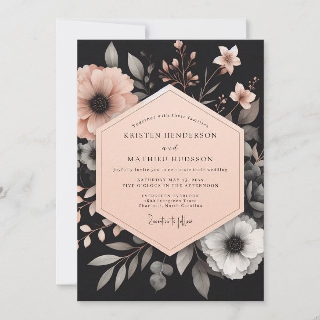 Charcoal Peach Luminous Bloom Wedding Invitation (Front)