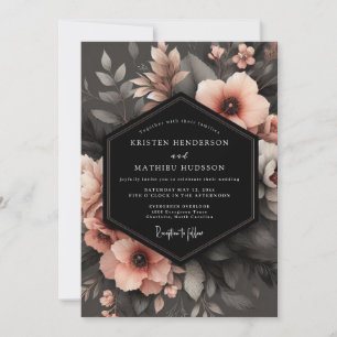 Charcoal Peach Shadowy Flora Wedding Invitation