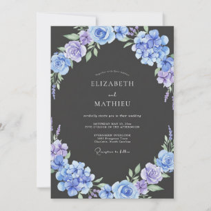Charcoal Periwinkle Hydrangea Eucalyptus Wedding Invitation