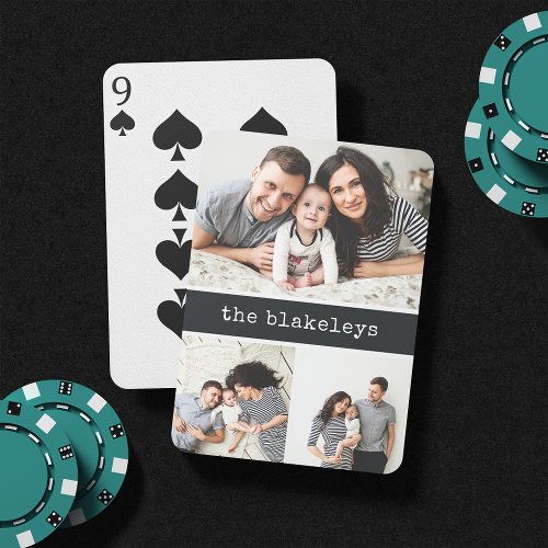 Charcoal  Personalized Family Name Photo Collage Playing Cards
