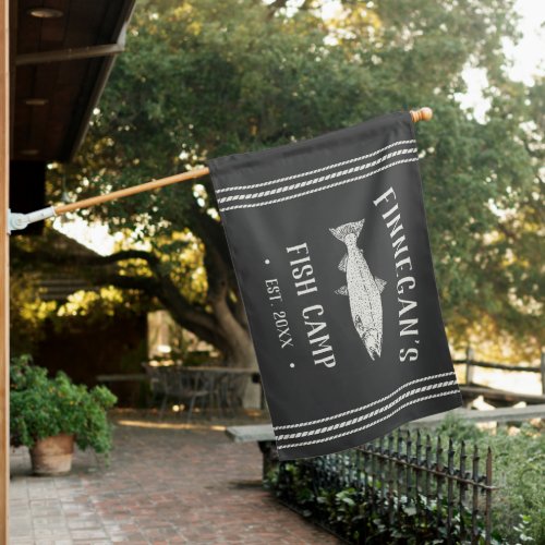 Charcoal  Personalized Rustic Fishing Cabin House Flag