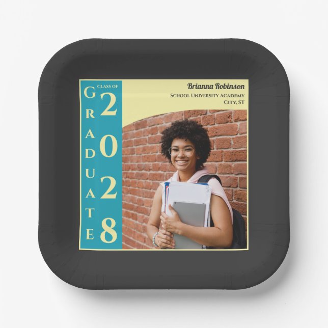 Charcoal Photo Modern Graduation Cap Party Paper Plates (Front)