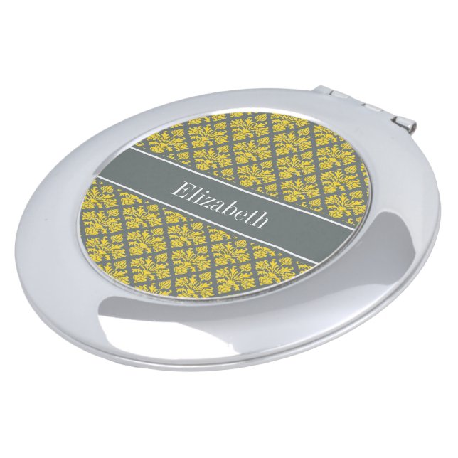 Charcoal Pineapple Damask #3 Yellow Name Monogram Makeup Mirror (Turned)