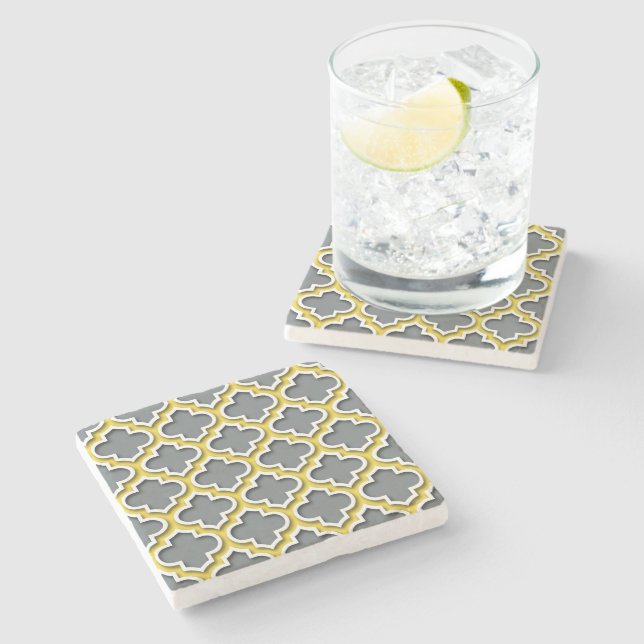 Charcoal Pineapple White Moroccan Quatrefoil #5DS Stone Coaster (Side)