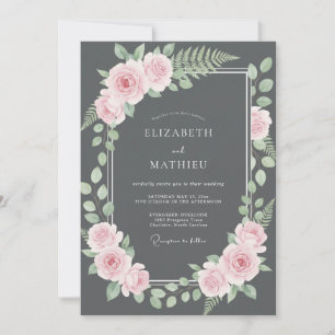 Charcoal Pink Fern Wedding Invitation