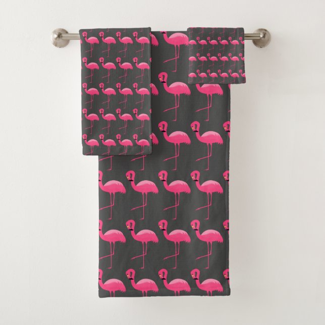 CHARCOAL PINK FLAMINGO BRIGHT BATHROOM TOWEL SET (Insitu)