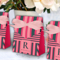 Charcoal Pink Stripes Editable Elegant Monogram Favor Boxes