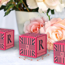 Charcoal Pink Stripes Editable Elegant Monogram Favor Boxes