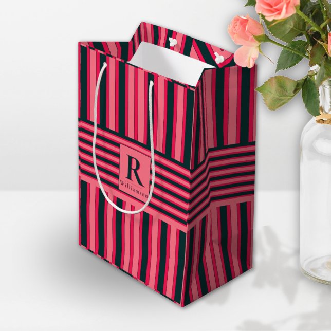 Charcoal Pink Stripes Editable Elegant Monogram Medium Gift Bag (Creator Uploaded)