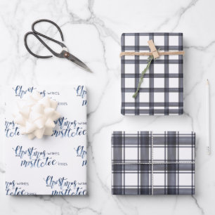 Charcoal Plaid & Christmas Wishes Script Wrapping Paper Sheets