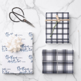 Charcoal Plaid & Christmas Wishes Script Wrapping Paper Sheets