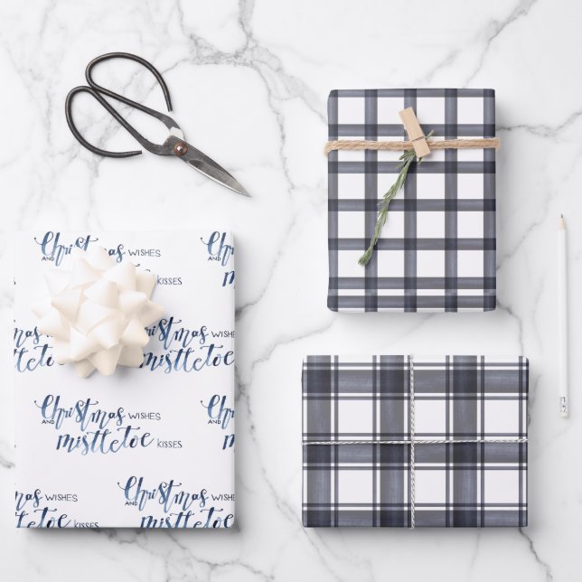 Charcoal Plaid & Christmas Wishes Script Wrapping Paper Sheets (Front)
