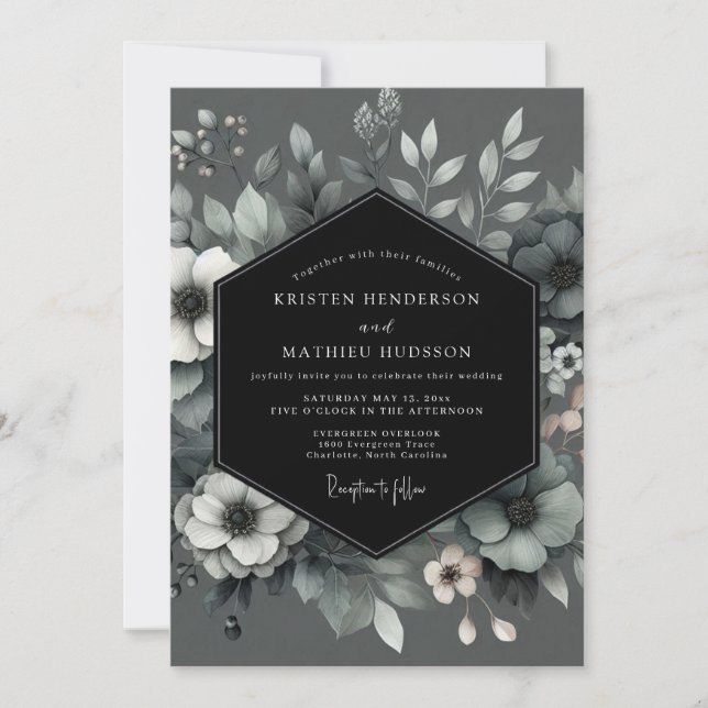 Charcoal Poetic Bloom Wedding Invitation (Front)