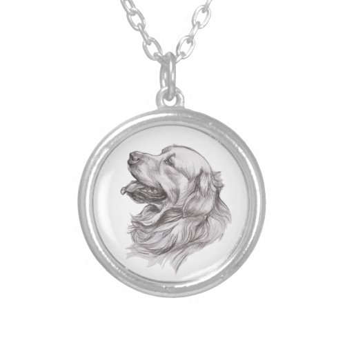 Charcoal portrait drawing of a Golden Retriever Silver Plated Necklace