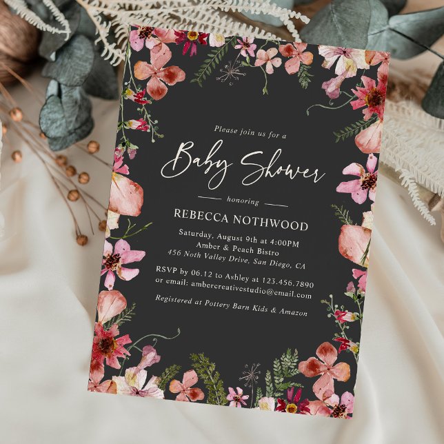 Charcoal Pressed Floral Baby Girl Shower Invitation (Creator Uploaded)