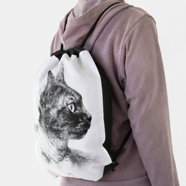 Charcoal Profile of Stella the Grey Cat Drawstring Bag (Insitu)