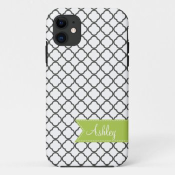 Charcoal Quatre Foil With Custom Monogram Ribbon Iphone 11 Case by thepetitepear at Zazzle