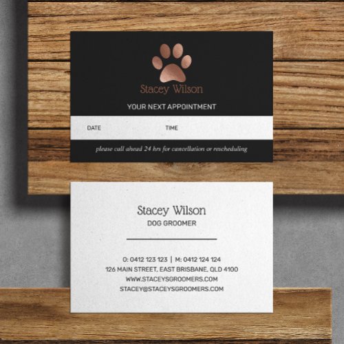 Charcoal Rose Gold Paw Print Logo Appointment Card