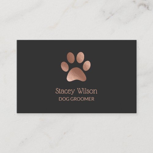 Charcoal Rose Gold Paw Print Logo Dog Groomer Busi Business Card