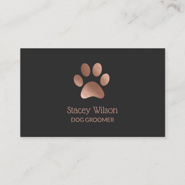 Charcoal Rose Gold Paw Print Logo Dog Groomer Business Card (Front)
