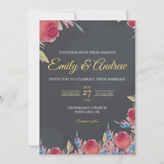 Charcoal Rose Modern Floral Watercolor Wedding Invitation (Front)