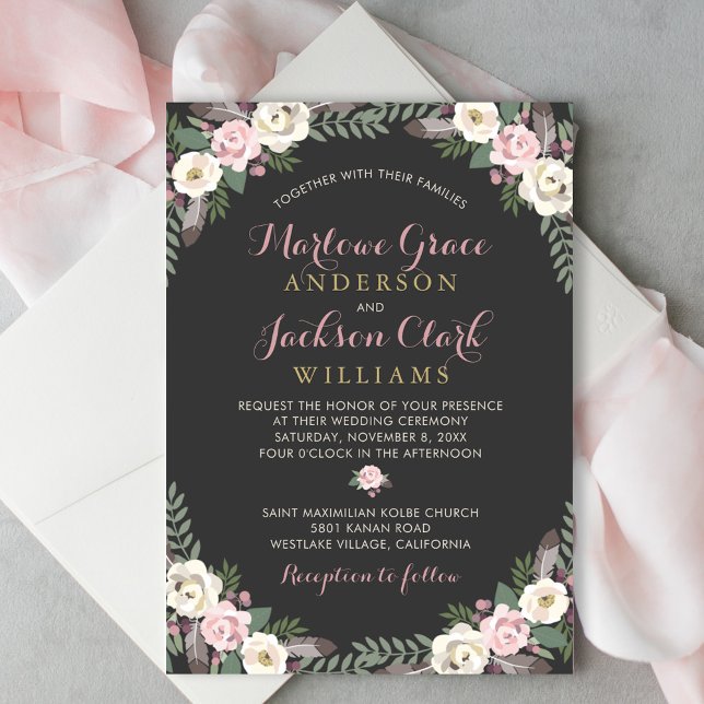 Charcoal Rose Pink Floral Border Wedding Invitation (Creator Uploaded)