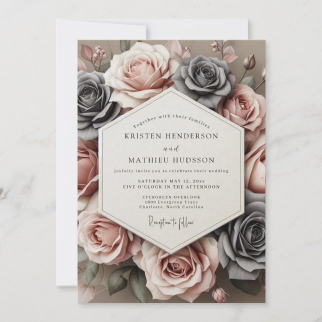 Charcoal Rose Timeless Bloom Wedding Invitation (Front)