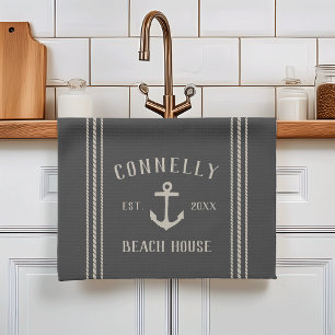 Charcoal Rustic Anchor Personalized Beach House Kitchen Towel