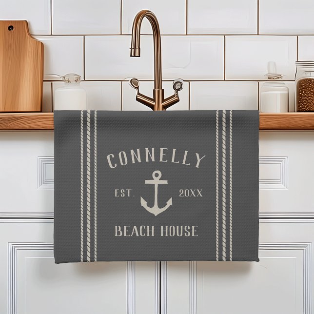 Charcoal Rustic Anchor Personalized Beach House Kitchen Towel (Creator Uploaded)